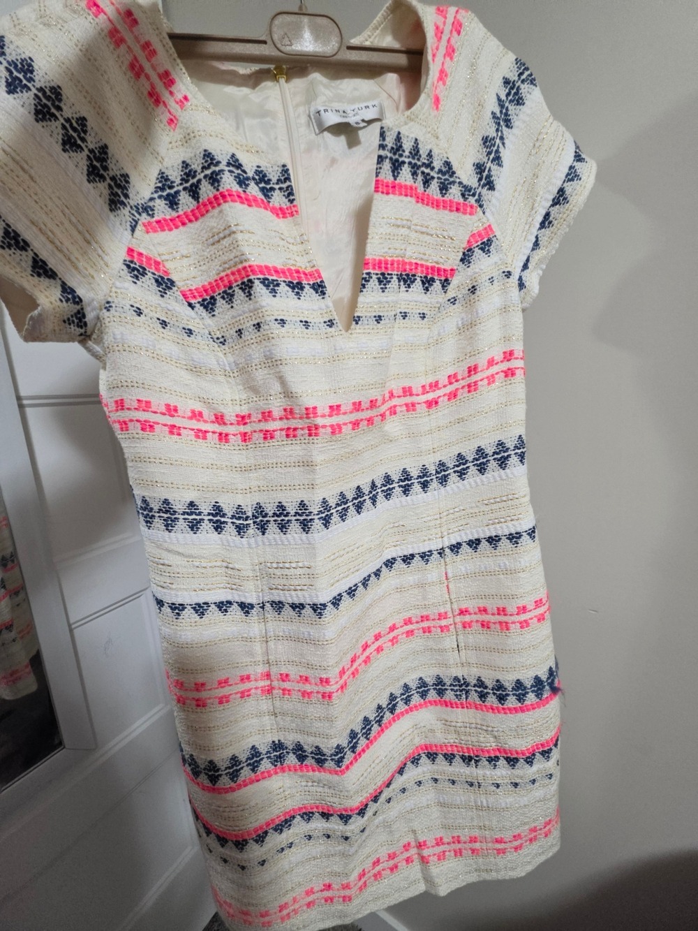 Trina Turk Cream Shift Dress Neon Pink Navy Stripes Size 8